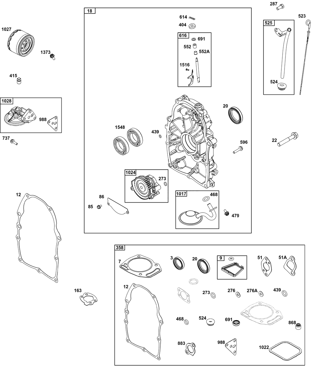 Crankcase Cover/Sump And Lubrication Group Diagram and Parts List for 356447-0613-B5 200000 - 399999 Briggs and Stratton Engine